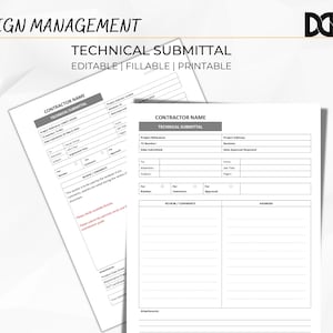 Puede incluir: Un formulario imprimible en blanco y negro titulado "Presentación técnica" con las palabras "Nombre del contratista" y "Gestión del diseño" en la parte superior. El formulario es editable y rellenable.