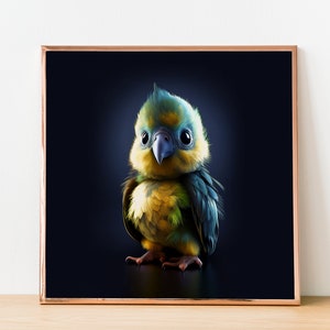 Cute Baby Parrot in Green and Yellow on Blue Background - Digital Download