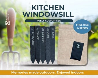Personalisiertes Küchen Fensterbank Kräuter Marker Set - Benutzerdefinierte Namen in Schiefer graviert, Samen inklusive