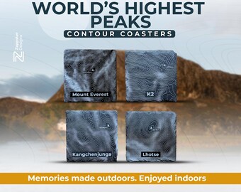 World's 4 Highest Peaks Contour Slate Coaster Set – Everest K2 Kangchenjunga Lhotse Mountain Gift