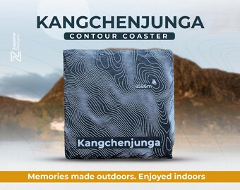 Personalised Kanchenjunga Slate Coaster – Hill Contour Engraved, Himalayan Mountain Gift, Add Keyring