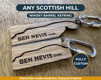 Custom Whisky Barrel Keyring – Scottish Munro Side Profile – Personalised Any Hill Silhouette