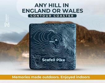 Personalised Slate Coaster — Any English or Welsh Hill Contour, Wainwright Gift, Hillwalking Keepsake