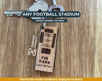 Personalised Whisky Barrel Stave Keyring – Any Football Stadium with Name & Capacity – Custom Fan Gift