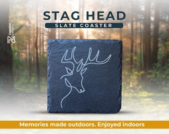 Handcrafted Slate Coaster – Stag line drawing of head, Nature-Inspired, Rustic Home Décor