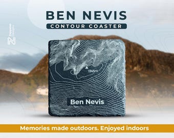 Ben Nevis Slate Coaster – Scotland Munro Topographic Map, Personalised Climbing Date