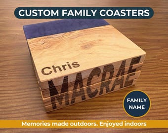 Custom Family Name Olive Wood Coaster Set – Personalised Resin Coasters