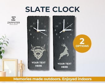 Personalised Slate Clock – Choose Stag or Highland Cow Design – Custom Rustic Gift