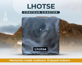 Personalised Lhotse Slate Coaster – Hill Contour Engraved, Himalayan Mountain Gift, Add Keyring