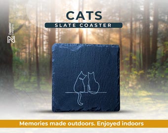 Handcrafted Slate Coaster – 2 cats Line Drawing, Nature-Inspired, Rustic Home Décor