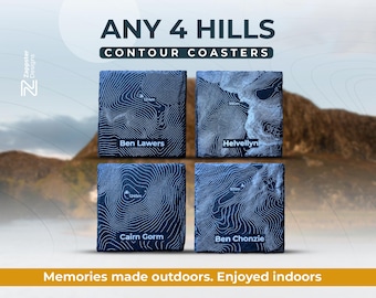 Personalised Slate Coaster Set, UK Hill Contour Map Gift