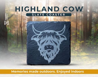 Handcrafted Slate Coaster – Highland Cow Drawing, Nature-Inspired, Rustic Home Décor