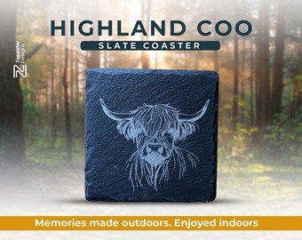 Handcrafted Slate Coaster – Highland Coo (cow) Line Drawing, Nature-Inspired, Rustic Home Décor