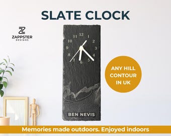 Personalised Slate Mountain Contour Clock | Hand Engraved UK Hills
