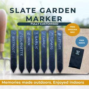 Op maat gegraveerde leisteen tuinmarkeringsset - groenten, kruidennamen, zaden, jutezakje