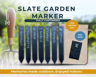 Custom Engraved Slate Garden Marker Set – Veg, Herb Names, Seeds, Hessian Bag