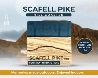 Scafell Pike Customised Hill Silhouette Coaster – Olive Wood and Resin Gift for Hillwalkers & Climbers