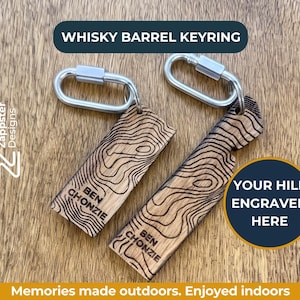 Könnte beinhalten: Zwei rechteckige Schlüsselanhänger aus Whiskyfässern, jeweils mit einem silbernen Metallkarabiner versehen. Das Holz ist mit topografischen Höhenlinien und dem Text BEN CHONZIE graviert. Das Bild enthält die Textbeschriftungen WHISKY BARREL KEYRING und YOUR HILL ENGRAVED HERE.