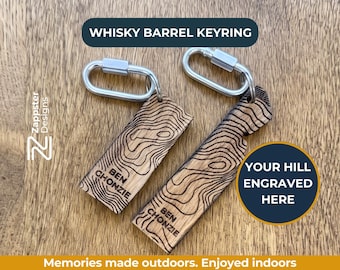 Personalised Whisky Stave Keyring | Laser Engraved Hill Contour | Scottish Munro Gift | Reclaimed Oak