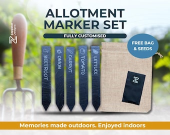 Personalised Allotment Marker Set – Custom Veg Names Engraved in Slate, Seeds and Hessian Bag