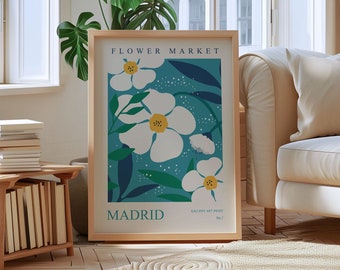 Impression du marché aux fleurs de Madrid, art mural botanique, affiche de marguerite, impression numérique florale, déco murale imprimable vert et blanc