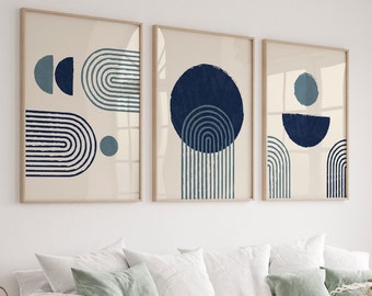 Geometric Wall Art Prints Set of 3, Navy Blue Modern Wall Art, Boho Style Digital Download, Art Prints Trendy