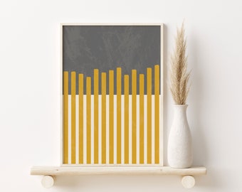 Mid Century Unique Wall Art Print, Boho Style Modern Living Room Decor, Mustard Yellow & Gray Geometric Digital Print