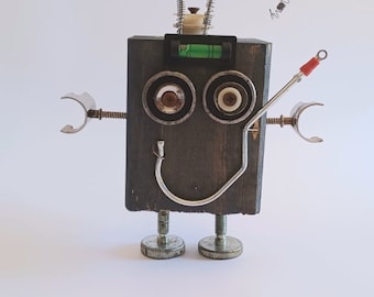 Decorative Wooden Robot Sculpture Gift  – Recycled Metal And Plastic Home Decor