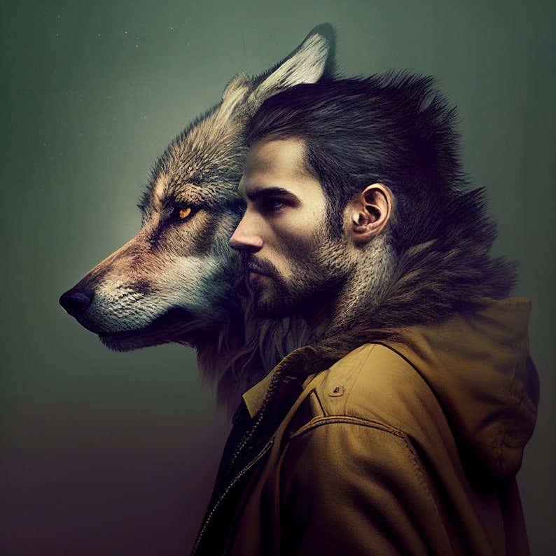 fantasy art graphic wild man transformation to wild wolf art , profile picture, instant download digital photo image 1