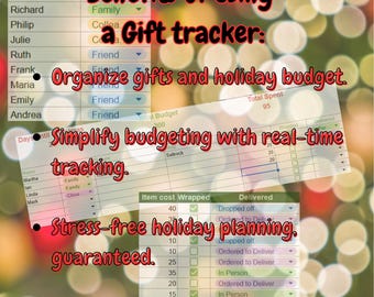 May include: A spreadsheet with a list of names and their relations, along with a total budget and total spent. The text "Benefits of using a Gift tracker:" is overlaid on the spreadsheet. The text "Organize gifts and holiday budget" is also overlaid on the spreadsheet. The text "Simplify budgeting with real-time tracking." is overlaid on the spreadsheet. The text "Stress-free holiday planning, guaranteed." is overlaid on the spreadsheet.