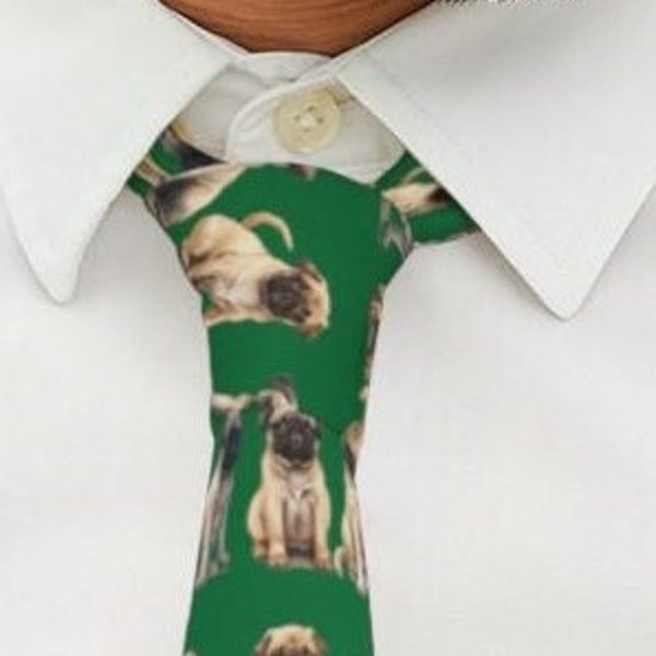 Pug Green Necktie, Yellow Dog Tie, Brown Puppy, Brown Basset, Yellow Neckties, Dogs Necktie, Animal Lover Gift, Pug ,Extra Long Tie, Pug Tie