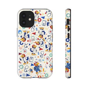 May include: A phone case featuring a repeating pattern of cartoon birds dressed as medical professionals, including doctors and nurses. The design includes stethoscopes, medical charts, pills, and red cross symbols on a cream-colored background.