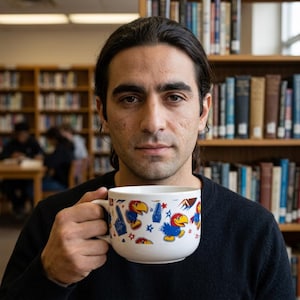 May include: A white ceramic mug featuring a repeating pattern of blue and yellow bird mascots, blue foam fingers, and small red stars. The mug has a wide, rounded body and a side handle, held in a hand against a background of library bookshelves.
