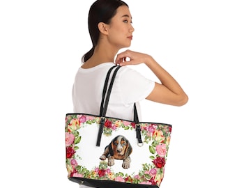 Shoulder Bag, Basset Hound with Roses Handbag, Crossbody Purse, Vegan Leather Tote, Floral Print Messenger Bag, Gift for Dog Lovers