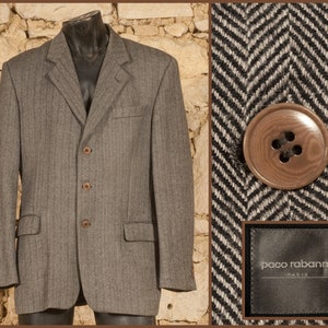 Paco Rabanne - Paris - Vintage 90s Long Herringbone Jacket (size US/UK 44 - EU 54) Large