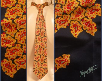 Jacques Fath - Paris - Vintage 70s Silk Tie / Necktie & Pocket Handkerchief - L 57" - W 3 1/2"