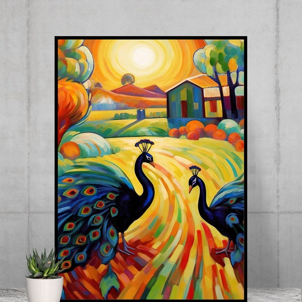 Peacocks on a Farm At Sunset Wall Art, Expressionist Abstract Digital Print, Vibrant Colorscape Fields Printable, Instant Digital Download