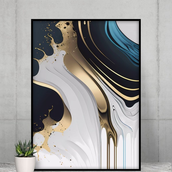 Luxury Abstract Fluid Wall Art, Blue and Gold Paint Drip Printable, Liquid Art Digital Print, Instant Digital Download