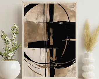 Japandi Neutral Abstract Wall Art, Beige and Black Circle Minimalist Printable, Natural Elements Decor Digital Print, Instant Download