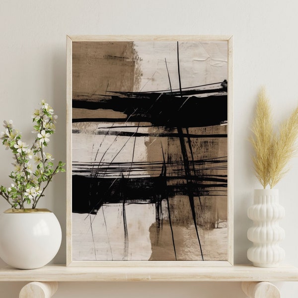 Japandi Neutral Abstract Wall Art, Beige and Two Black Lines Minimalist Printable, Natural Elements Decor Digital Print, Instant Download