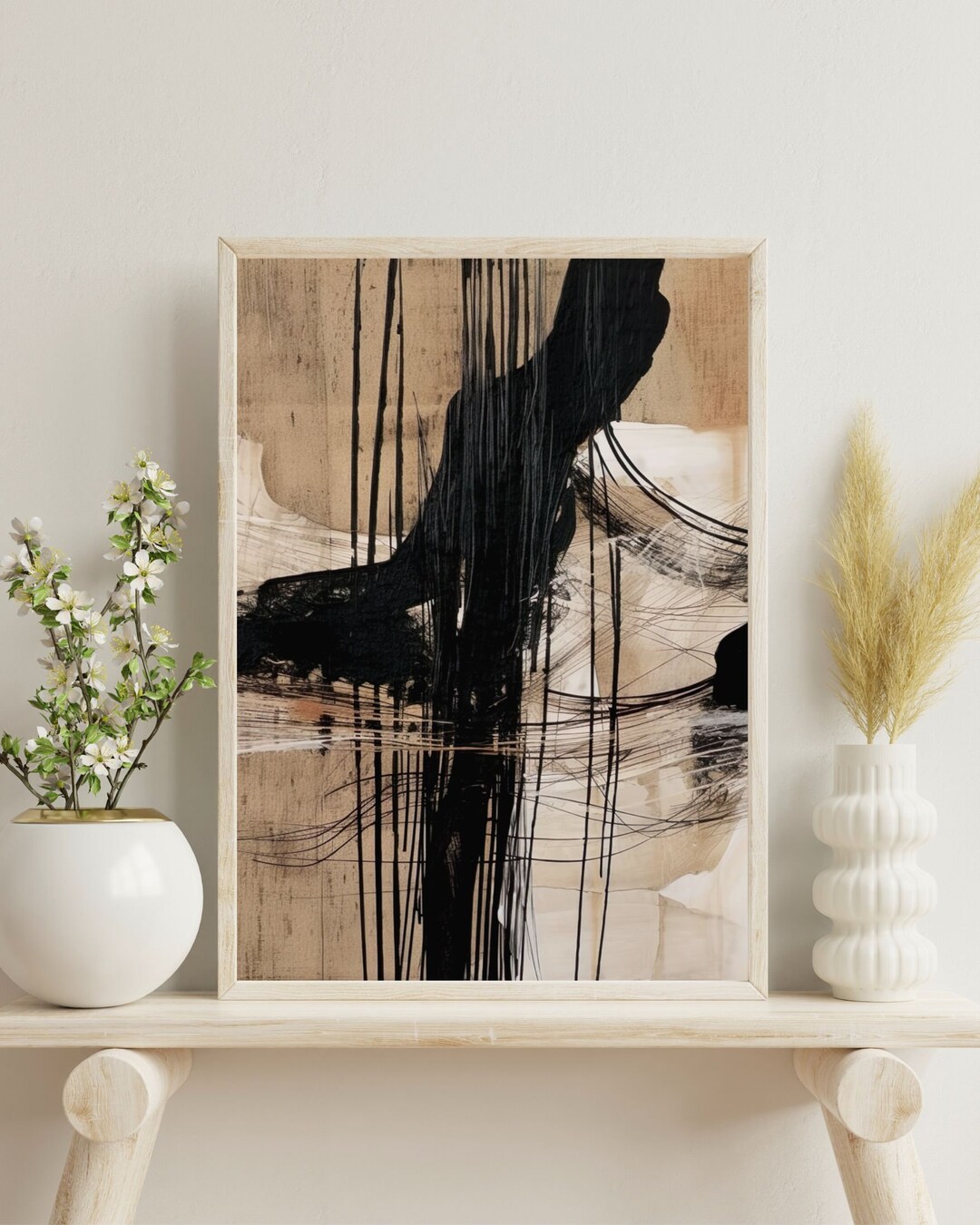 Japandi Neutral Abstract Wall Art Beige and Black Minimalist - Etsy