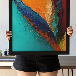 May include: Abstract painting in a black frame with a teal, blue, orange, and red color scheme. The paint is textured and appears to be layered.