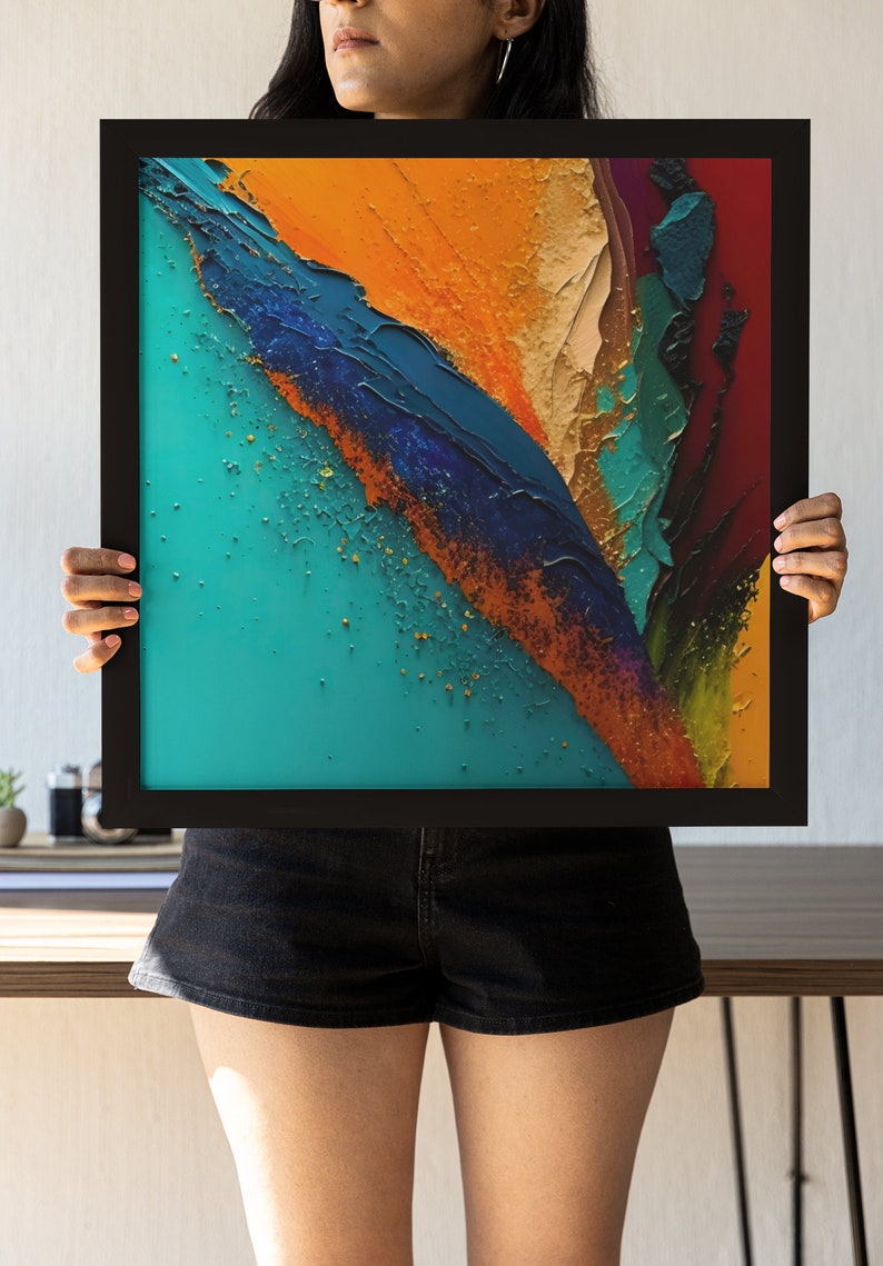 May include: Abstract painting in a black frame with a teal, blue, orange, and red color scheme. The paint is textured and appears to be layered.