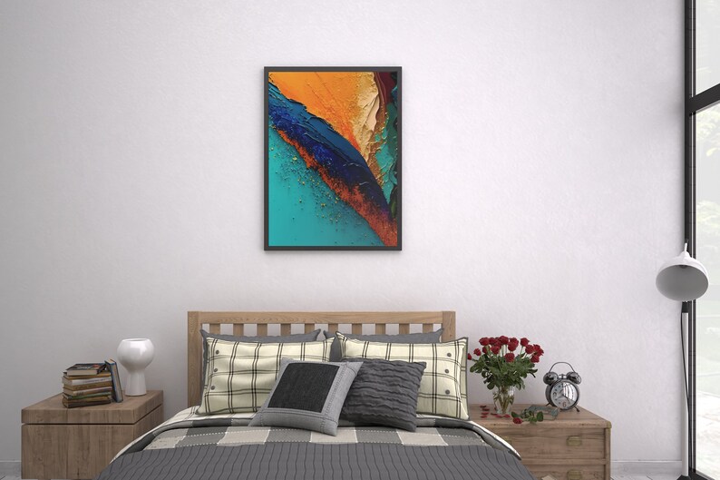 May include: A bedroom with a bed, a nightstand, a lamp, and a framed abstract painting with blue, orange, and yellow colors. The bed has a white and black plaid bedspread and pillows.