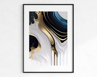 Luxury Abstract Fluid Wall Art, Blue and Gold Paint Drip Printable, Liquid Art Digital Print, Instant Digital Download