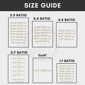 May include: A size guide chart for different aspect ratios, including 2:3, 3:4, 4:5, 5:7, 11x14, and 1:1. The chart shows the corresponding dimensions in inches and centimeters for each ratio.