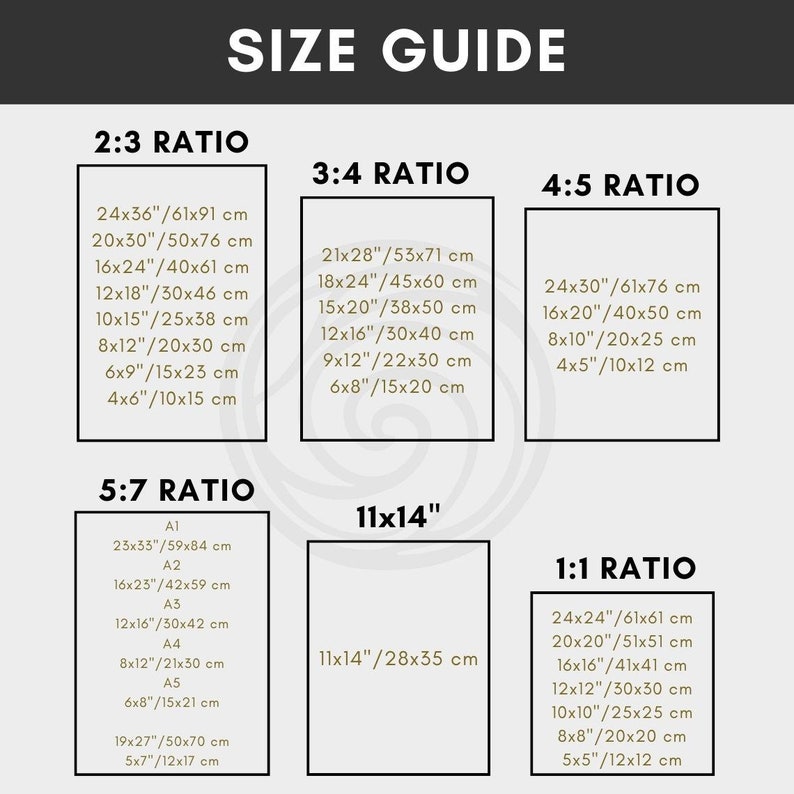 May include: A size guide chart for different aspect ratios, including 2:3, 3:4, 4:5, 5:7, 11x14, and 1:1. The chart shows the corresponding dimensions in inches and centimeters for each ratio.