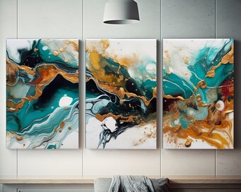 Luxury Abstract Tile and Gold Wall Art, Set of 3 Fluid Digital Prints, Extra Large White Marbled Art Prints, Instant Digital Download