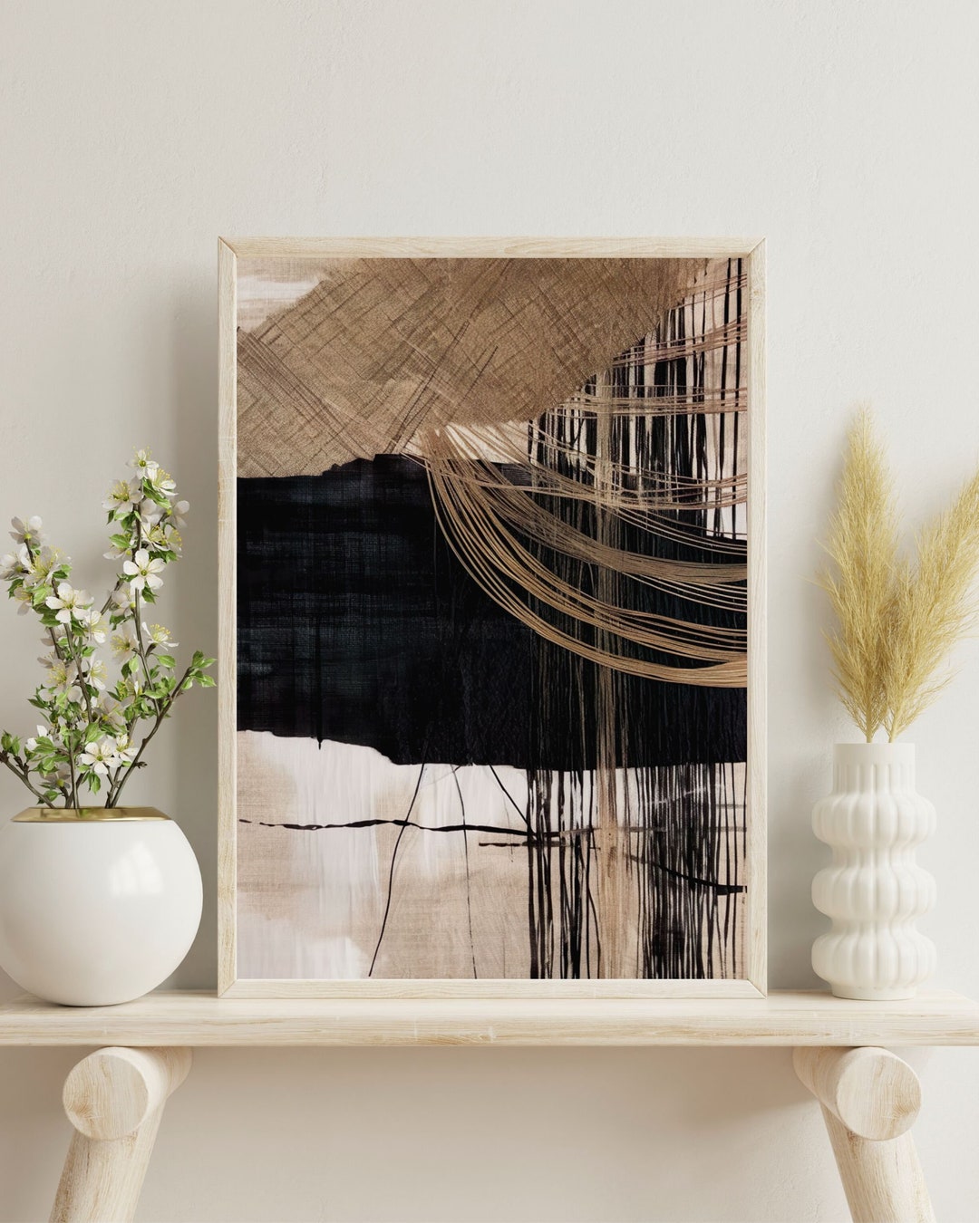 Japandi Neutral Abstract Wall Art, Beige and Black Minimalist Printable ...