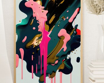 Colorful Pink, Gold and Turquoise Wall Art, Abstract Brush Strokes Printable, Contemporary Stylish Digital Download